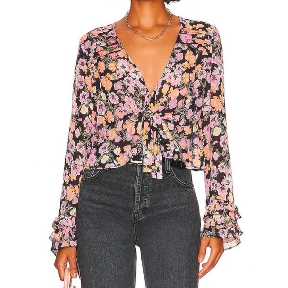 Free People XS Maybel Black Combo Floral Tie Front Bell Sleeve Whimsigoth Blouse